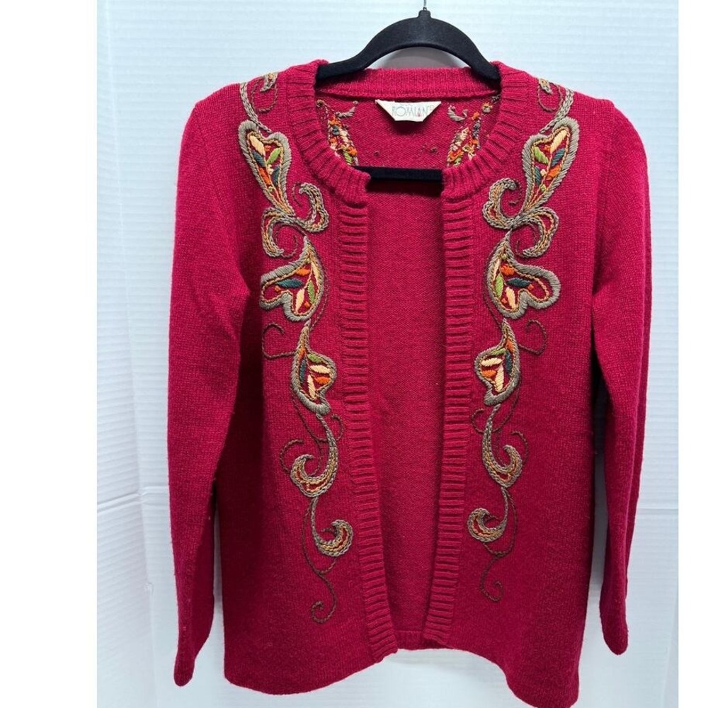 Vintage Rowan Red Cranberry Cardigan Embroidered Floral Accent Knit Sweater